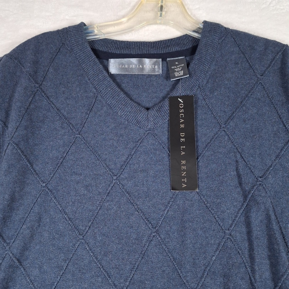 Oscar de la Renta Mens XL Blue V-Neck Diamond Knit 100% Cotton Sweater Vest NWT